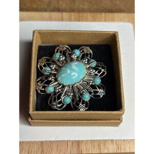 Vintage Silver Filigree Floral Brooch With Turquoise Cabochons